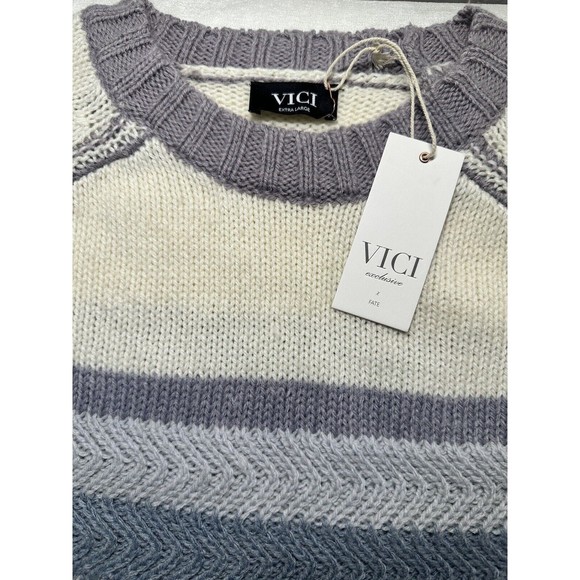 VICI Oakwood striped crewneck wool blend beige/lilac Women knit Sweater SzXL NEW - Picture 7 of 11